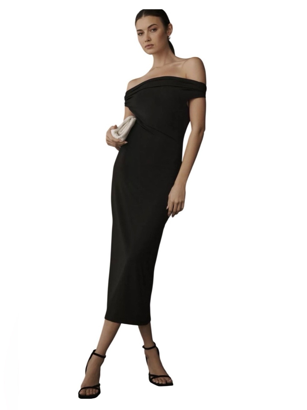 Reformation Jarmen Off-Shoulder Black Midi Knit Bodycon Dress M
